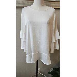 Ann Taylor Tie Shoulder Back 3/4 Tiered Ruffle Sleeve Top Women Sz M Ivory Party